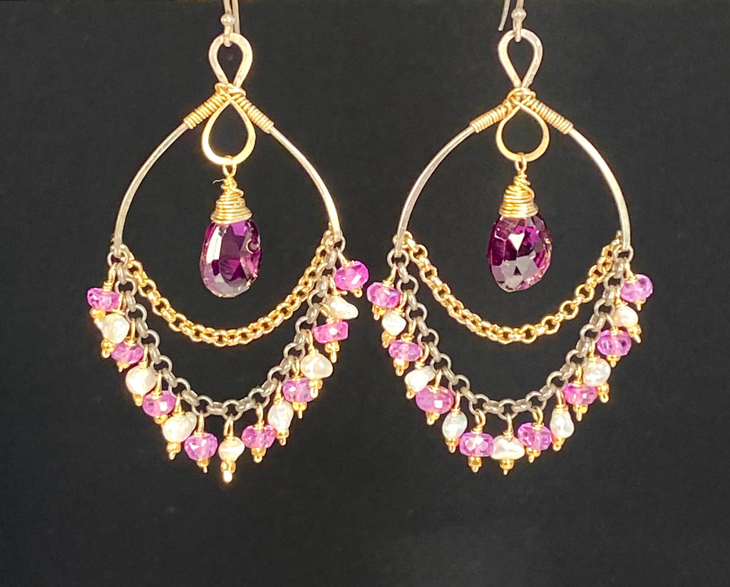 Rhodolite Garnet Chandelier Earrings with Violet Sapphire and Pearls, Mixed Metals - Doolittle