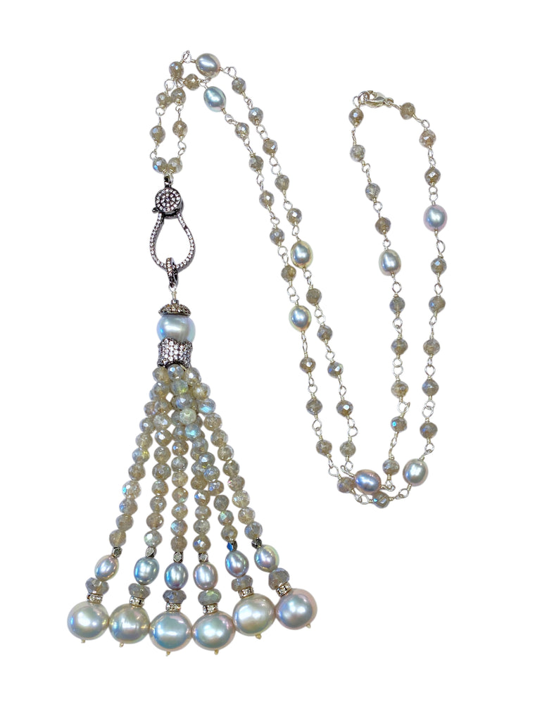 Mystic Labradorite Beaded Tassel Necklace Wire Wrap Sterling Silver
