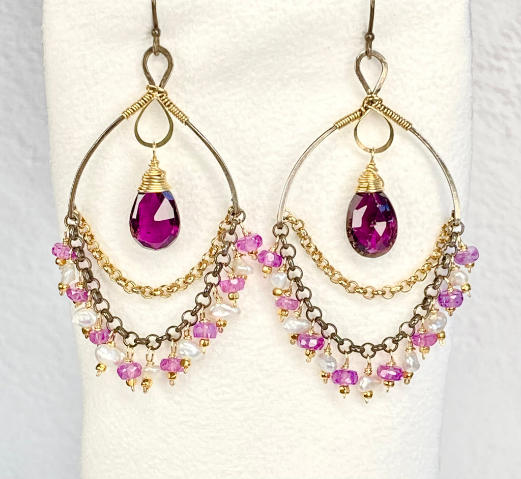 Rhodolite Garnet Chandelier Earrings with Violet Sapphire and Pearls, Mixed Metals - Doolittle