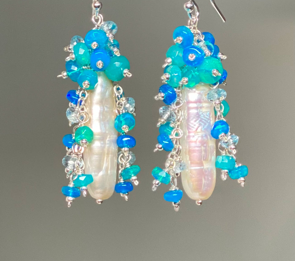 White Biwa Pearl and Aqua Blue Opal Cluster Earrings Sterling Silver