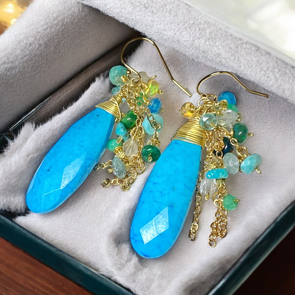 Turquoise & Ethiopian Opal Cluster Dangle Earrings Gold Fill