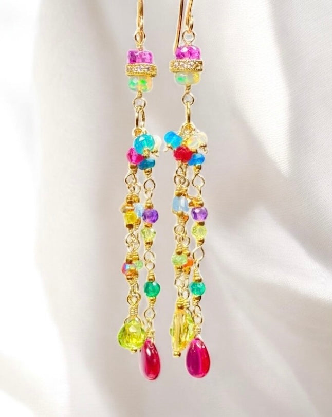 Multi Gemstone Gold Fill Long Dangle Earrings with Peridot, Citrine, Rubellite