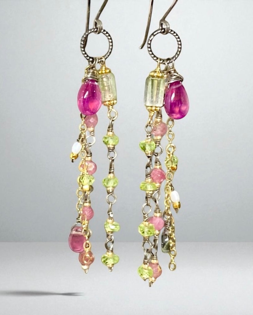 Pink Sapphire, Peridot and Tourmaline Gemstone Long Dangle Earrings