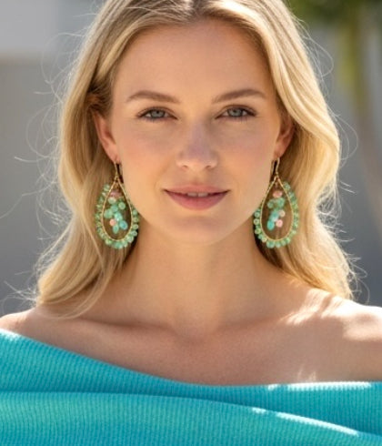 Turquoise, Apatite, Green Ethiopian Opal Hoop Earrings Gold Fill