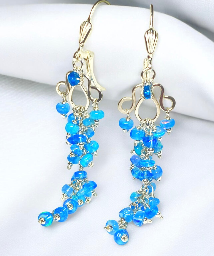 Teal Blue Ethiopian Opal Long Cluster Dangle Earrings Sterling Silver