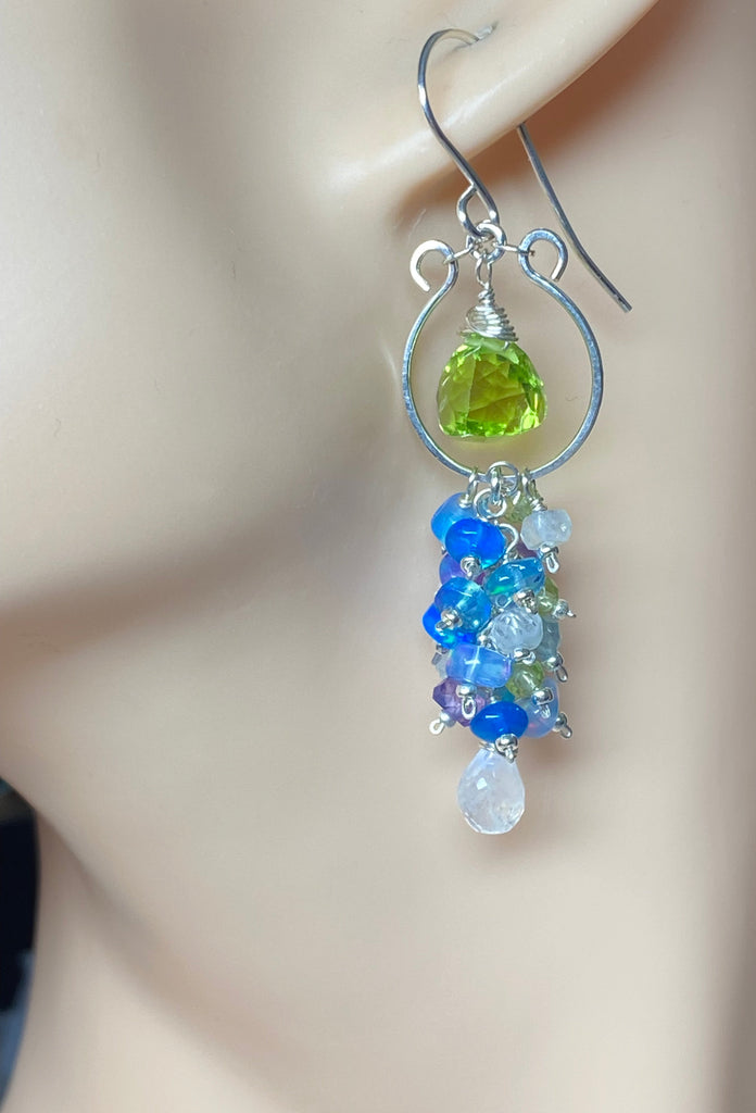 Manniquein styling peridot green quartz and rainbow moonstone statement chandelier hoop earrings, handmade in NY