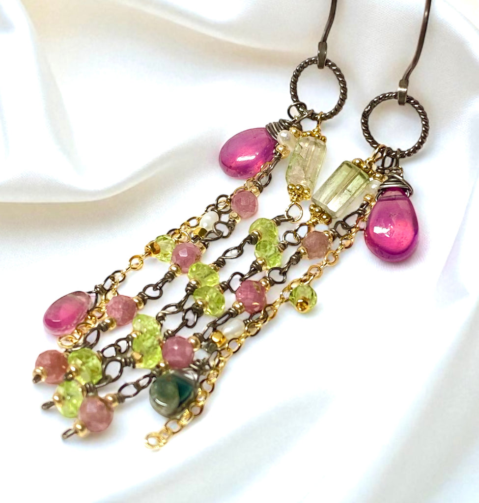 Pink Sapphire, Peridot and Tourmaline Gemstone Long Dangle Earrings