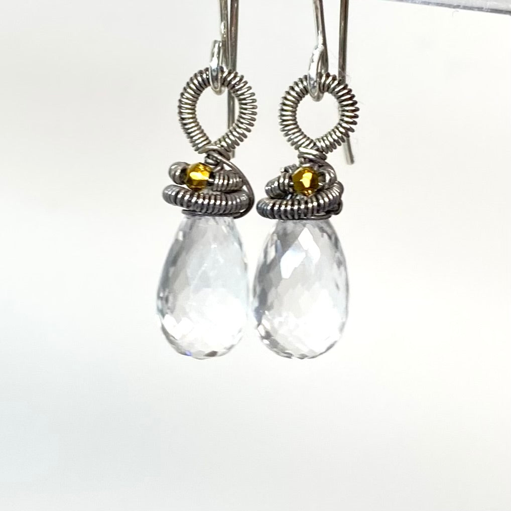 Crystal Quartz Dangle Drop Earrings, Oxidized Silver Mixed Metal