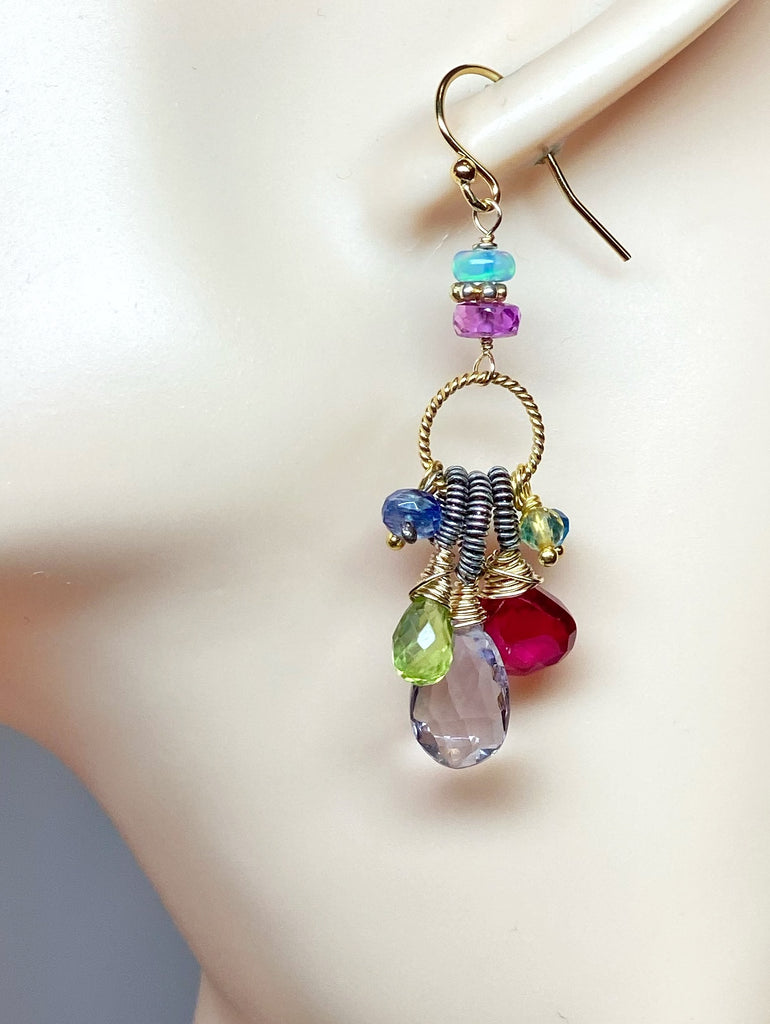 Multi Gemstone Dangle Earrings, Coiled Oxidized Silver Wire, Handmade