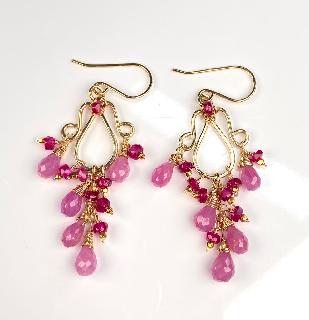 Pink Sapphire and Ruby Chandelier Earrings in Gold Fill