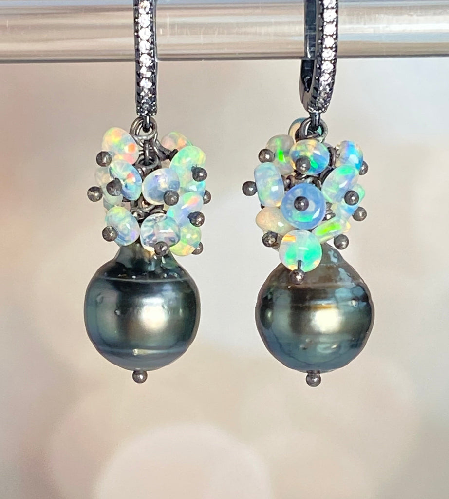 Tahitian Pearl and Opal Cluster Earrings Oxidized Sterling Silver