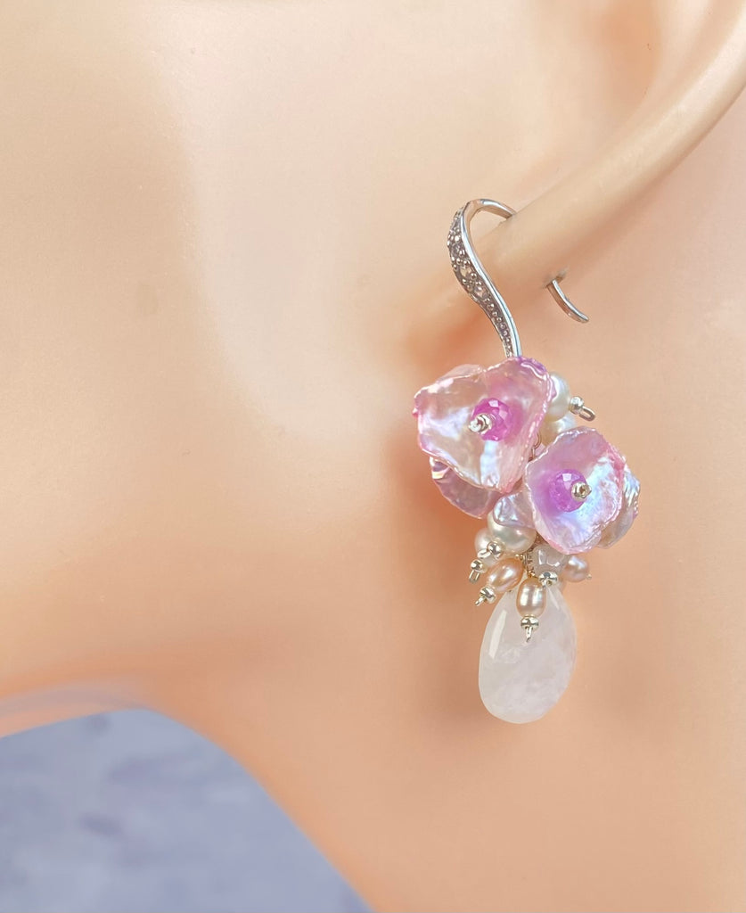 Moonstone, Pink Keishi Pearl, Pink Sapphire Cluster Earrings
