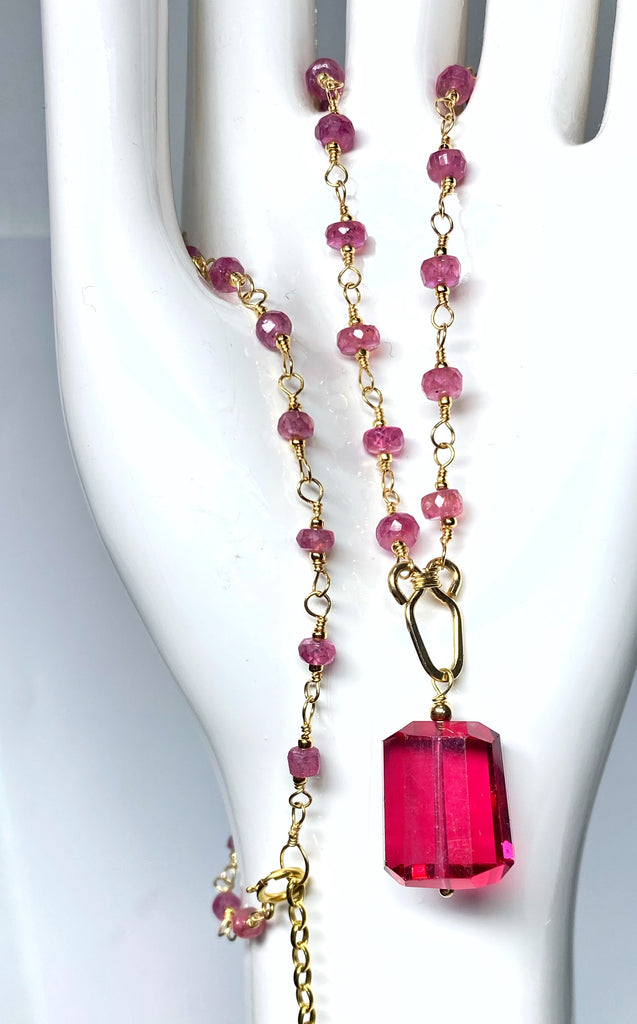 Pink Sapphire Gold Fill/Rose Gold Wire Wrap Necklace Rosary Style Rubellite Pendant