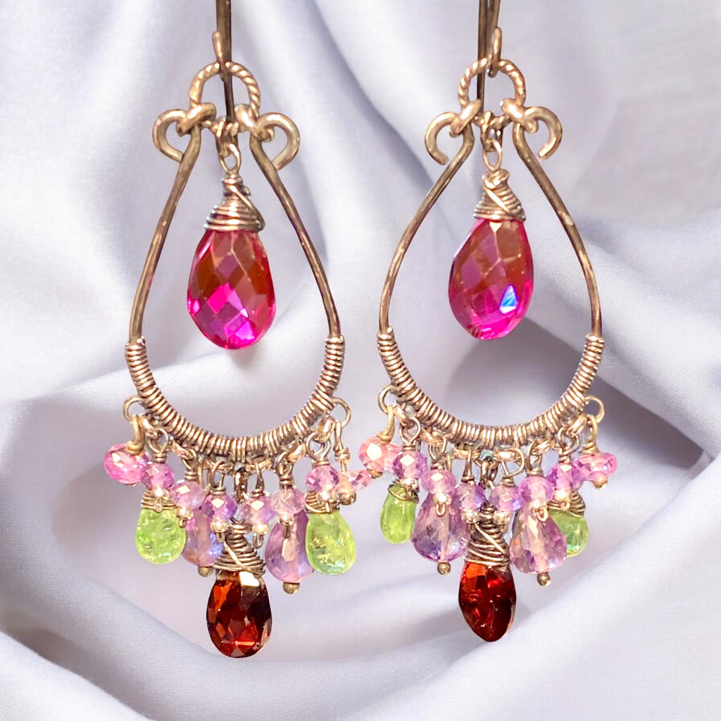 Multicolor Gemstone Statement Chandelier Earrings Oxidized Sterling Silver Amethyst Tsavorite Garnet - Doolittle
