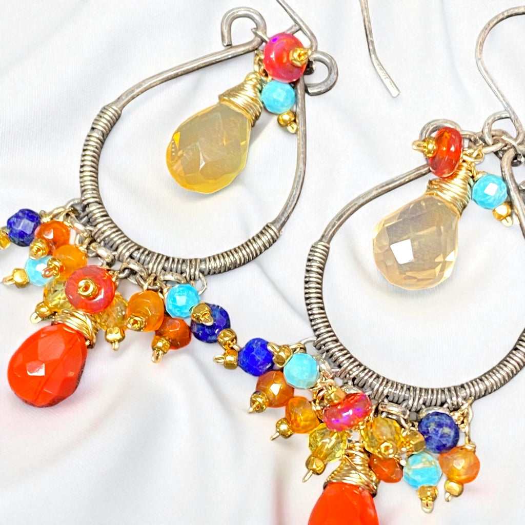 Multi Gemstone Hoop Chandelier Earrings, Mexican Fire Opal, Mixed Metals 3
