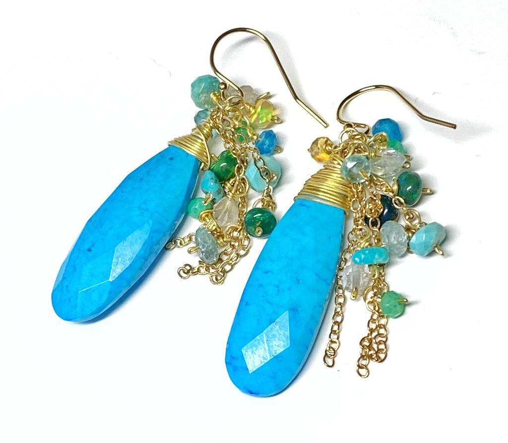 Turquoise & Ethiopian Opal Cluster Dangle Earrings Gold Fill
