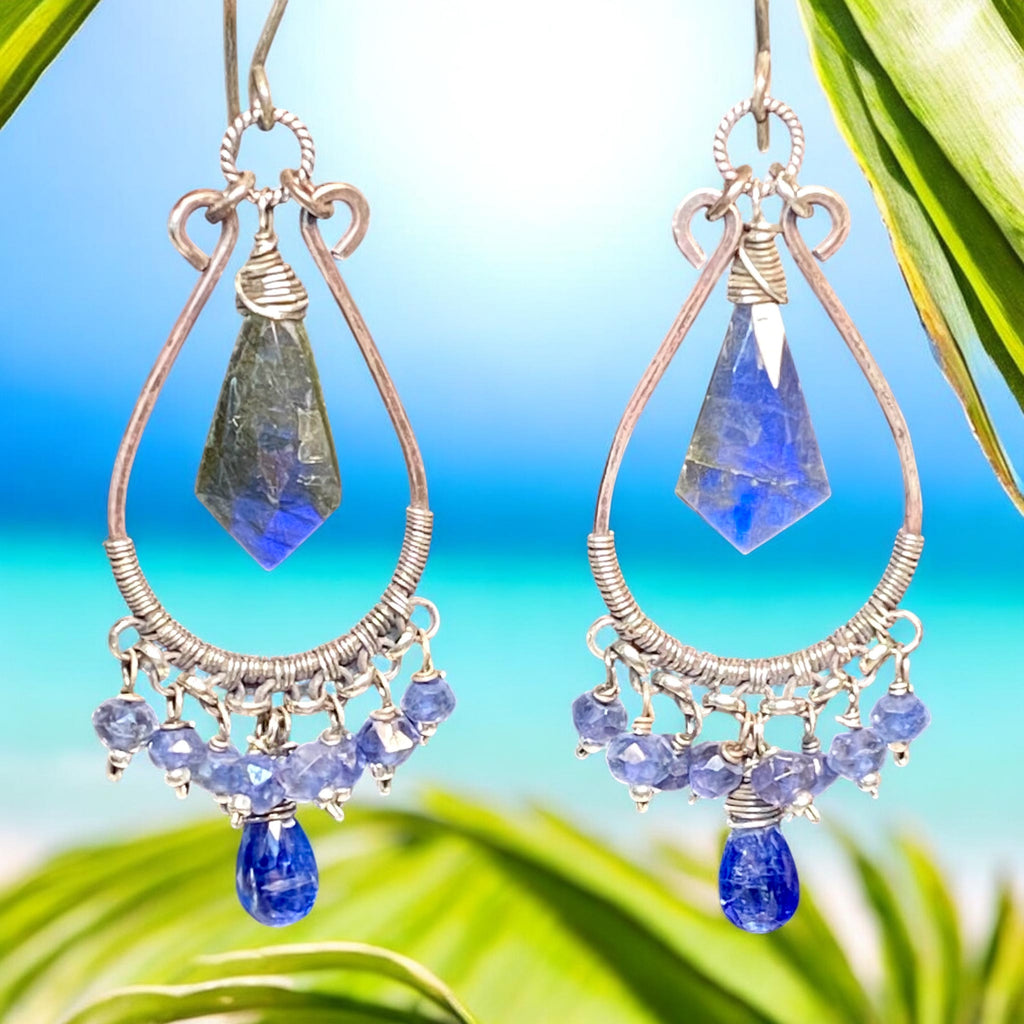 Blue Gemstone Statement Chandelier Earrings Oxidized Sterling Silver Blue Labradorite, Iolite, Kyanite - Doolittle