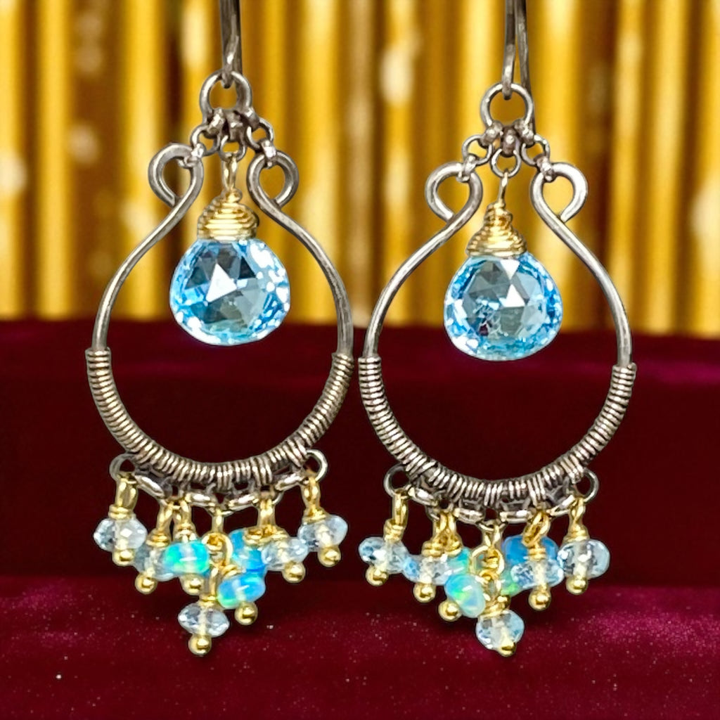Blue Topaz, Opal, Chandelier Hoop Earrings Oxidized Silver Mixed Metal