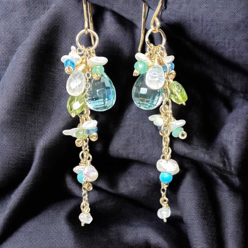 Aqua Gemstone Pearl Dangle Earrings Gold Fill
