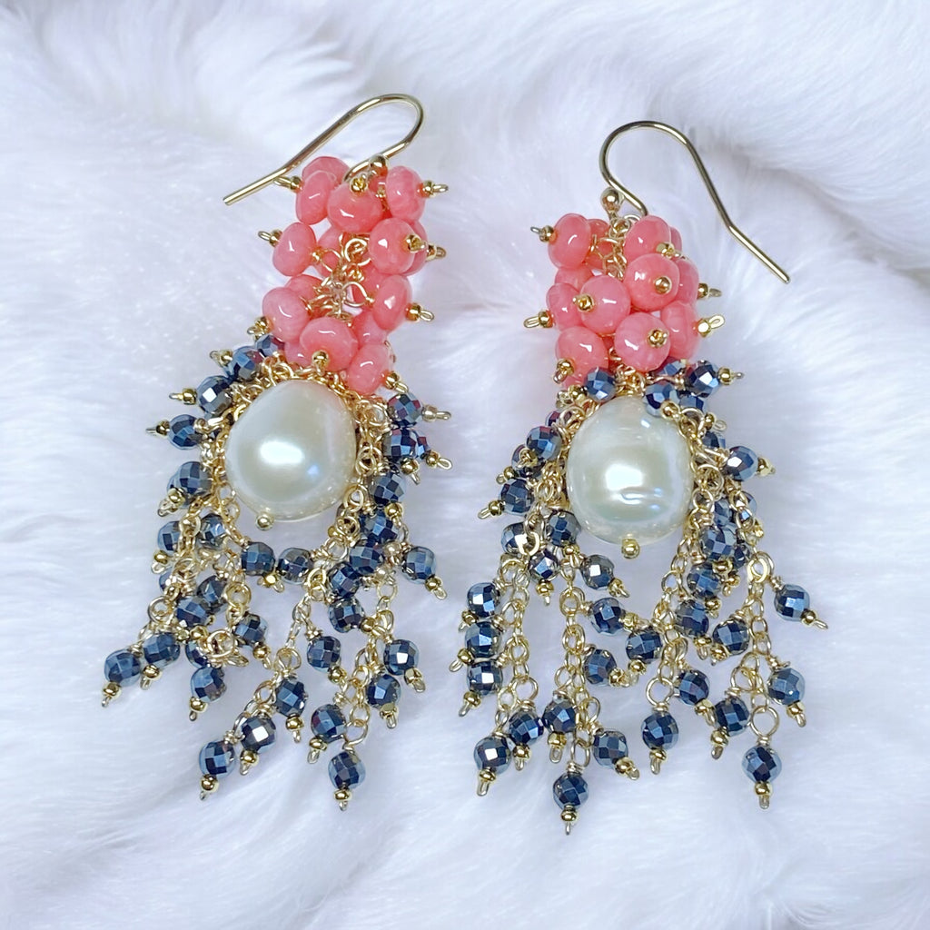 CUSTOM ORDER for Sandra H - Pearl, Coral and Black Cluster Earrings Gold Fill