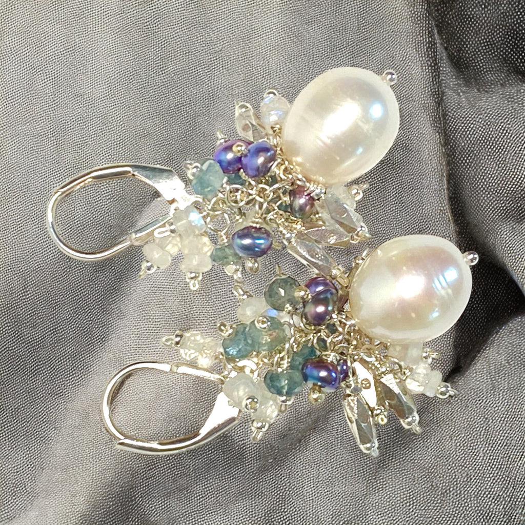 Moss Aquamarine and Pearl Cluster Earrings, Sterling Silver
