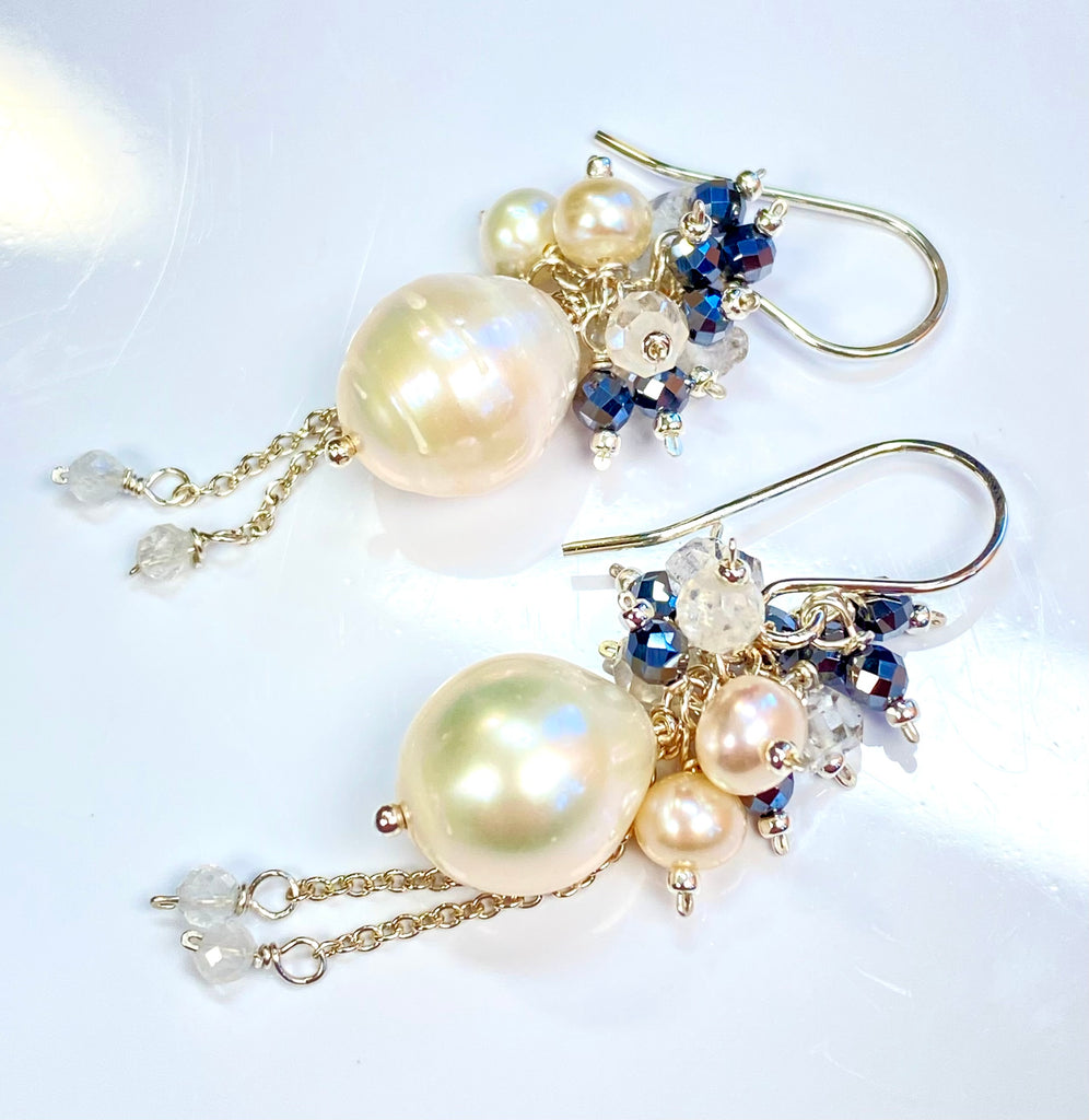 Ivory Pearl Cluster Earrings with Moonstone, Mystic Quartz & Herkimer Diamond