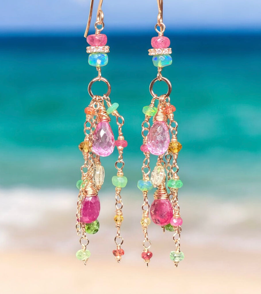 Pink Sapphire, Green Gemstone Rose Gold Long Dangle Earrings