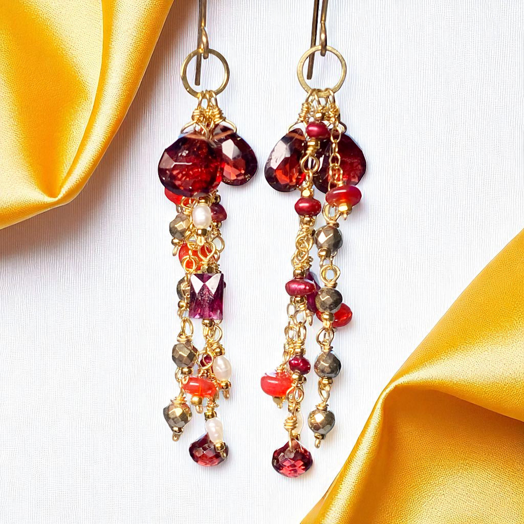 Garnet Dangle Earrings 14 kt Gold Fill with Red Pearls