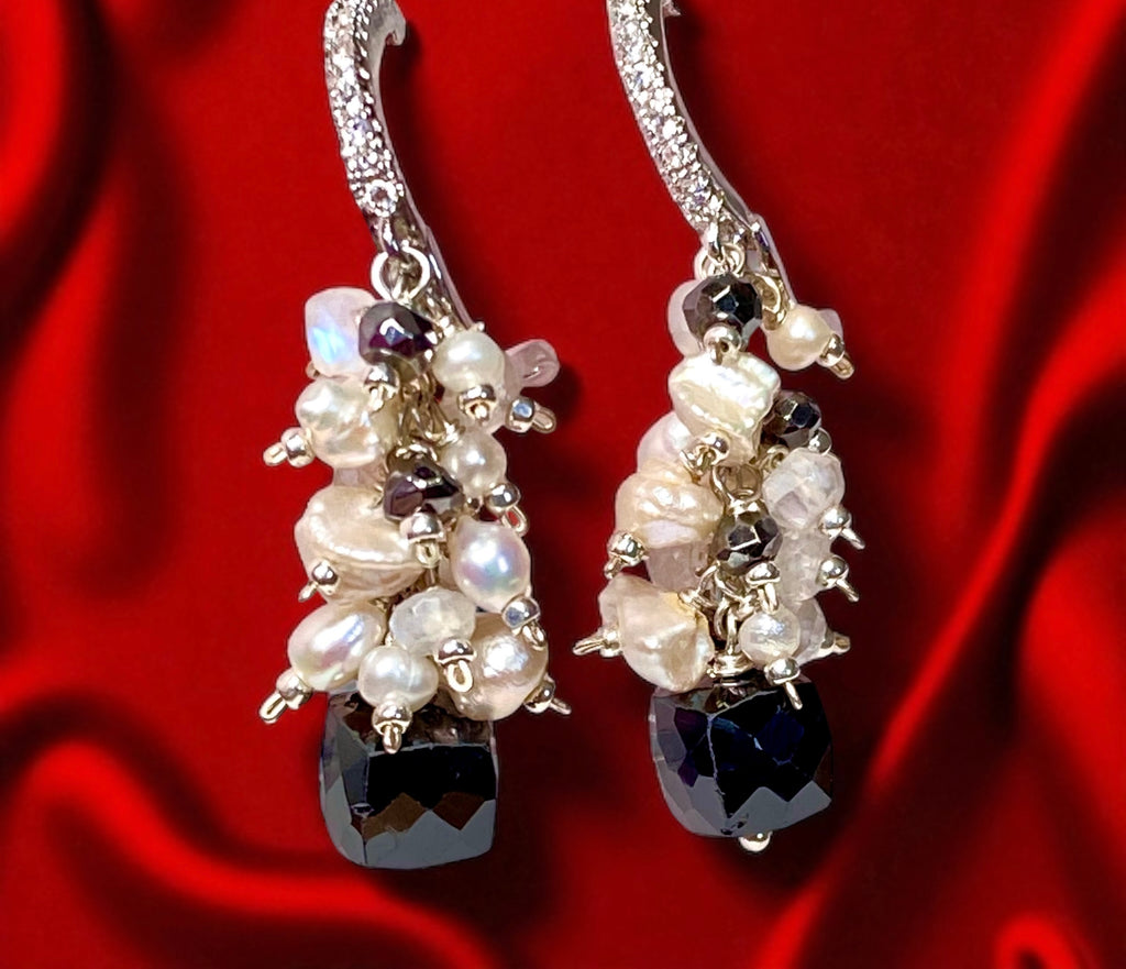 Black Spinel, Pearl and Moonstone Cluster Earrings