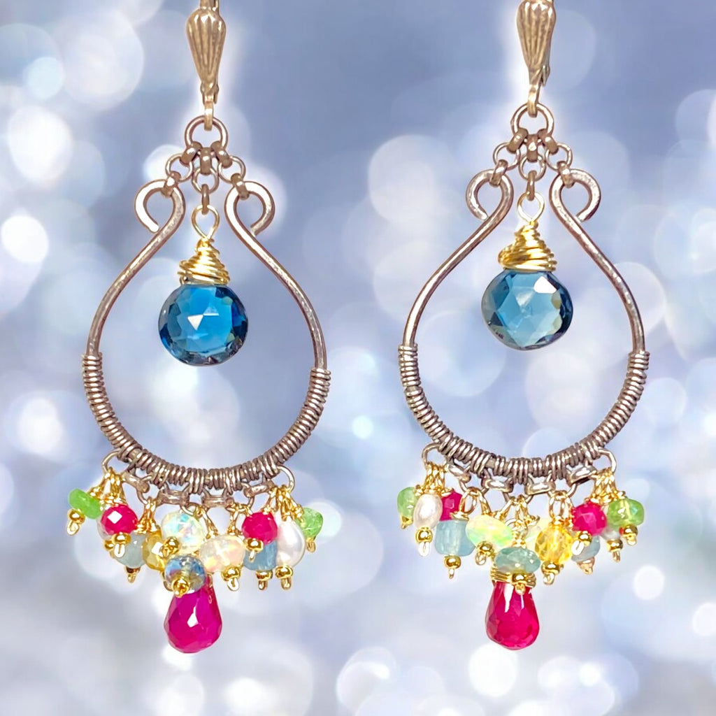 London Blue Topaz, Multi Gemstone, Oxidized Silver Hoop Chandelier Earrings