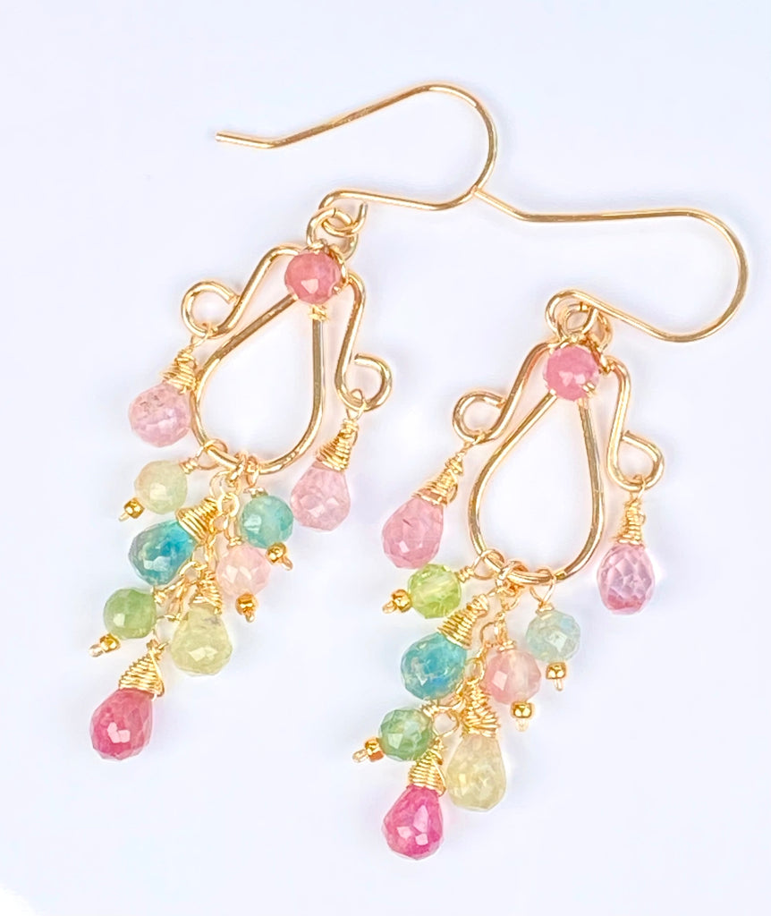 Multicolor Tourmaline Chandelier Earrings — Light Pink, Green & Blue, Gold Fill
