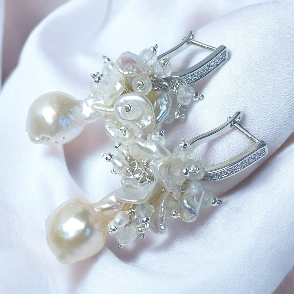 Baroque Flameball Pearl and Moonstone Cluster Bridal Earrings