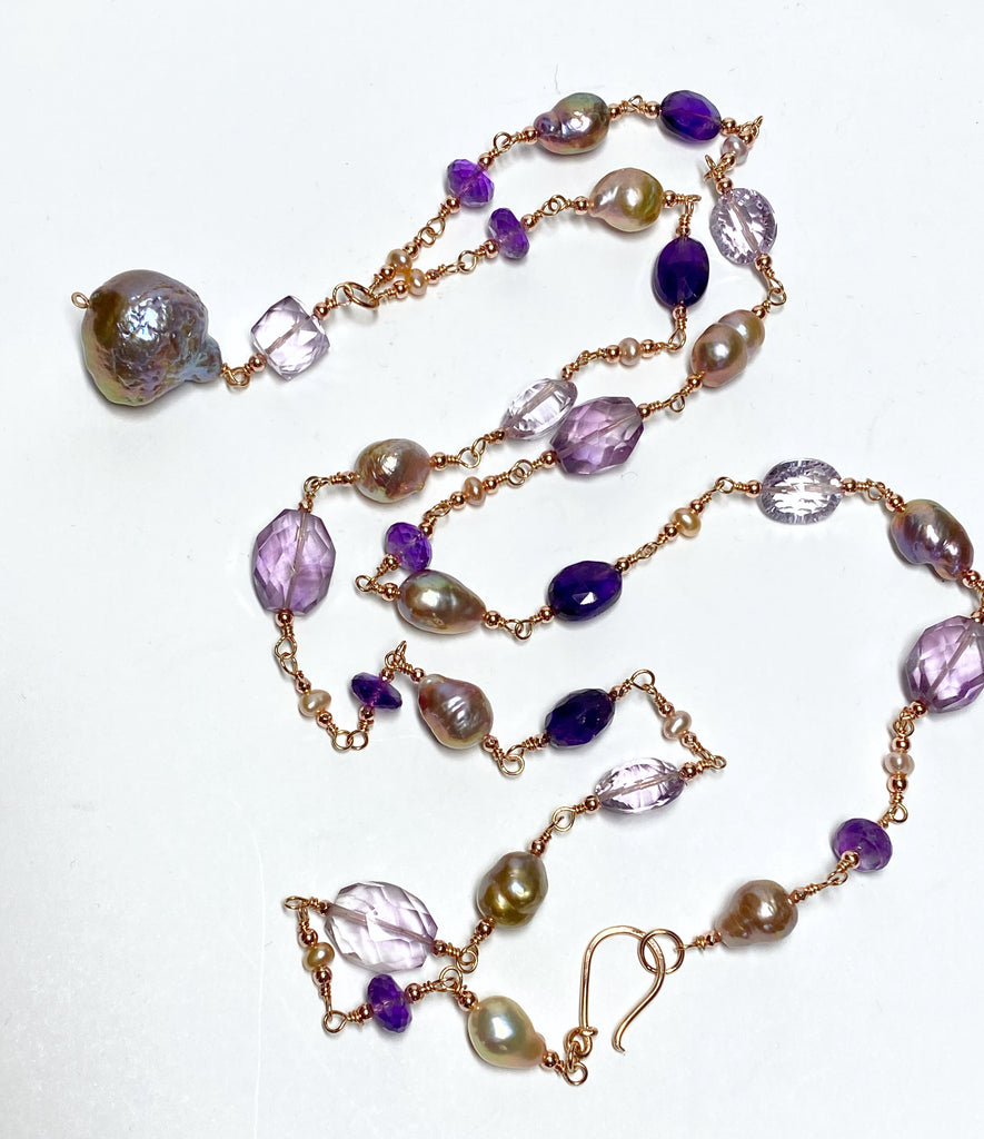 Long Amethyst Gem Stone and Baroque Pearl Necklace in Rose Gold