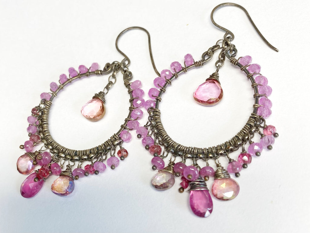 Pink Sapphire Chandelier Hoop Earrings in Oxidized Sterling Silver