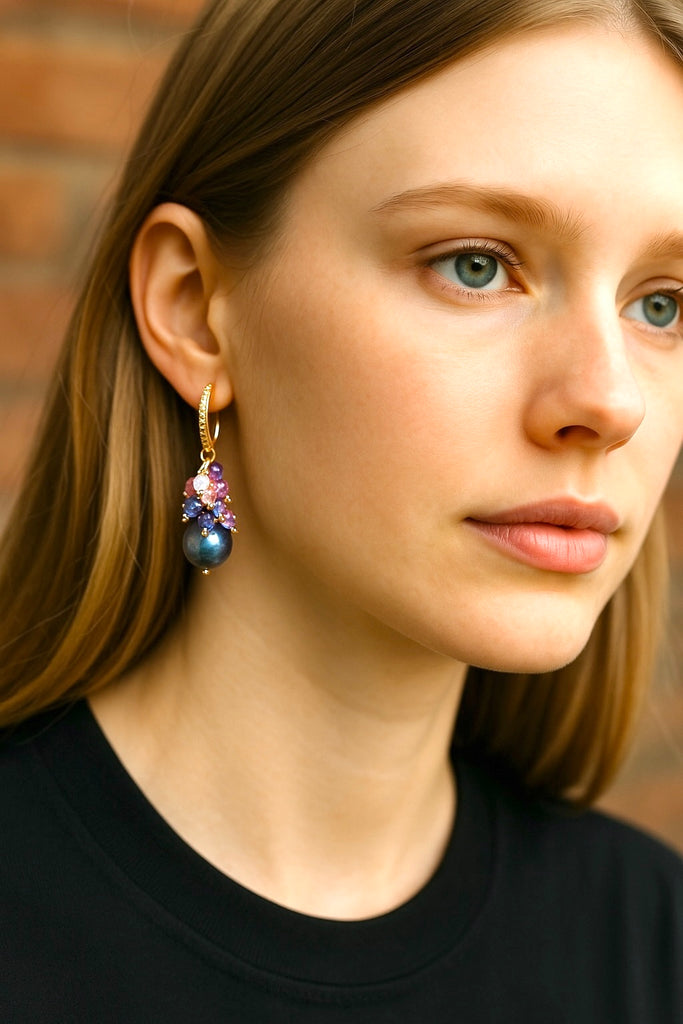 Black Peacock Pearl Earrings Amethyst and Pink Gemstone Clusters Gold Fill
