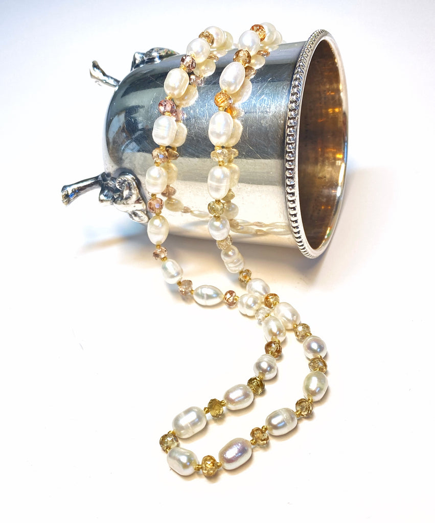 Pearl Necklace with Natural Zircon Gemstones, Silk Knotted, Gold Fill