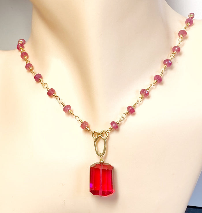 Pink Sapphire Gold Fill/Rose Gold Wire Wrap Necklace Rosary Style Rubellite Pendant