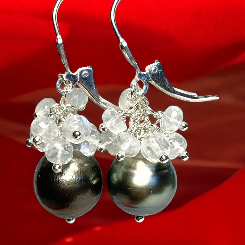 Tahitian Pearl Moonstone Cluster Earrings Sterling Silver