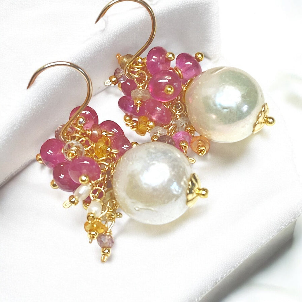 Pearl and Pink Sapphire Cluster Earrings Gold 3