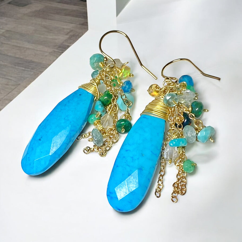 Turquoise & Ethiopian Opal Cluster Dangle Earrings Gold Fill