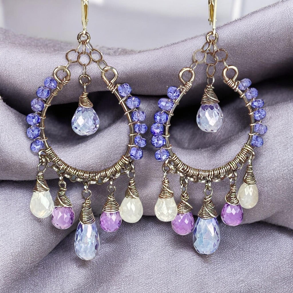 Blue Violet Gemstone Hoop Earrings — Moonstone & Amethyst, Oxidized Sterling Silver