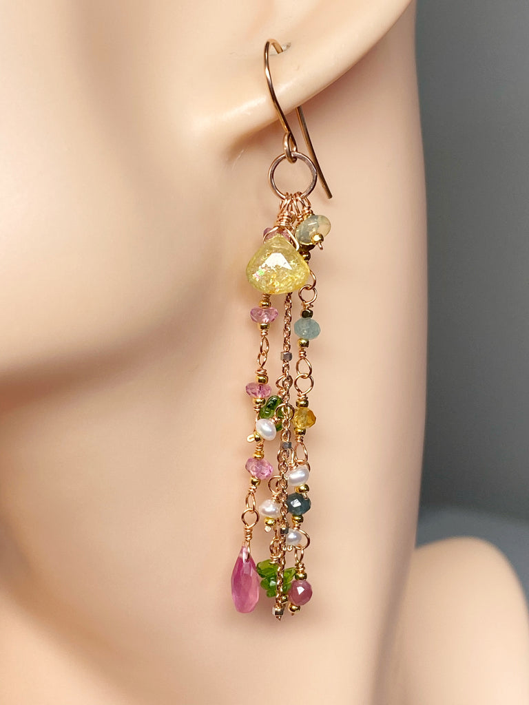 Canary Yellow Tourmaline Long Dangle Earrings Rose Gold Fill