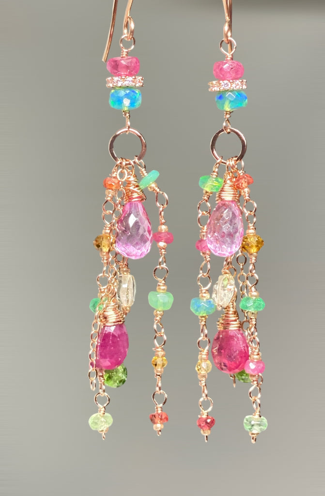 Pink Sapphire, Green Gemstone Rose Gold Long Dangle Earrings