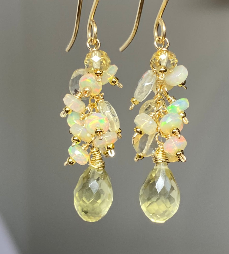 Yellow Lemon Quartz and Ethiopian Opal Dangle Earrings Gold