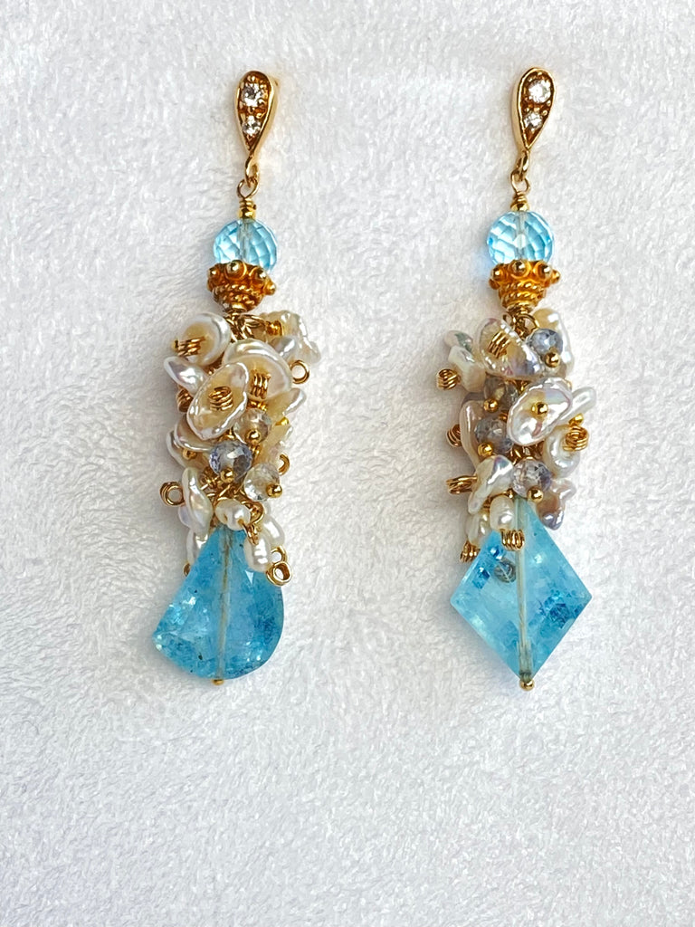 Blue Aquamarine Gemstone Keishi Pearl Cluster Earrings Gold Fill