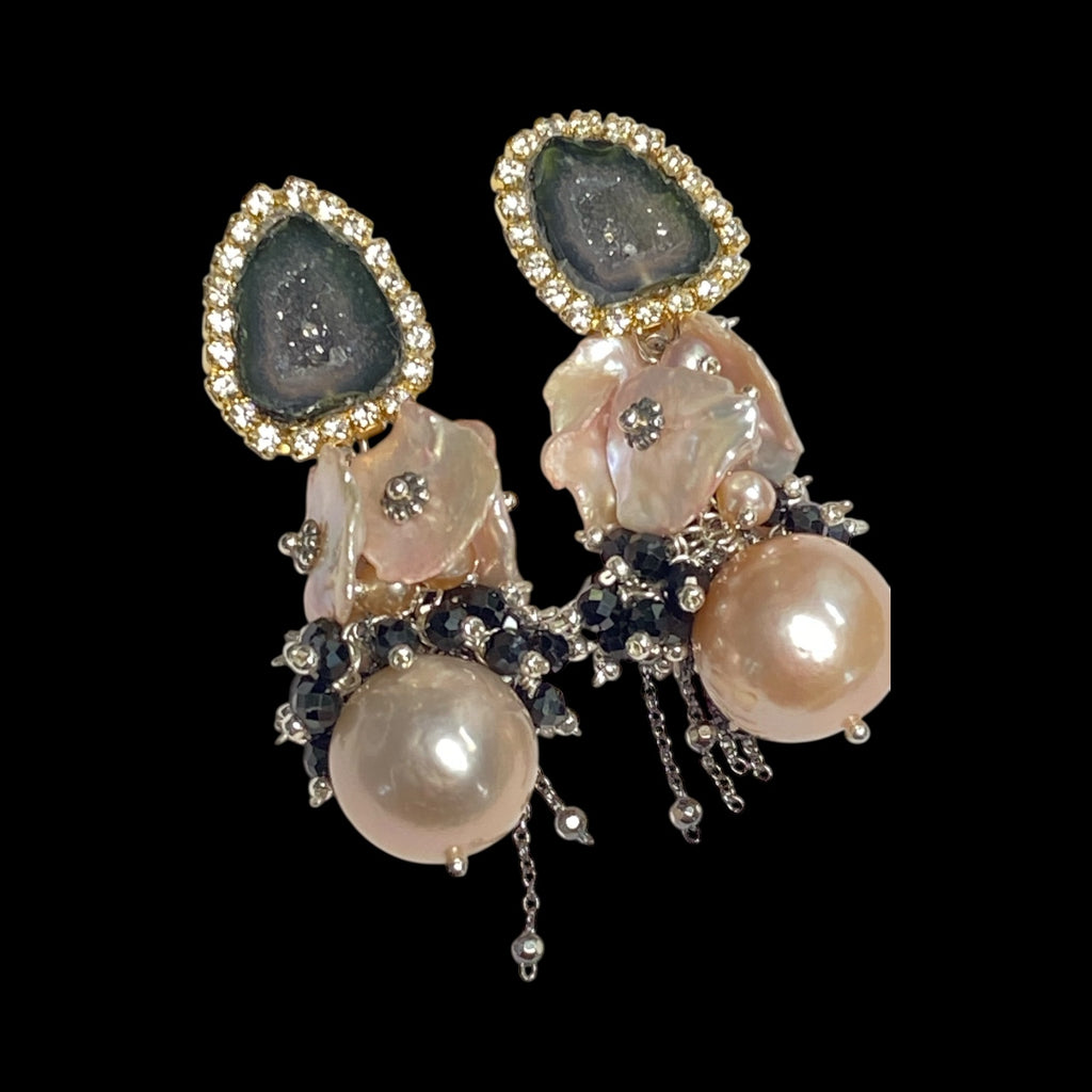 Pink Edison Pearl Cluster Earrings with Keishi and Black Geodes
