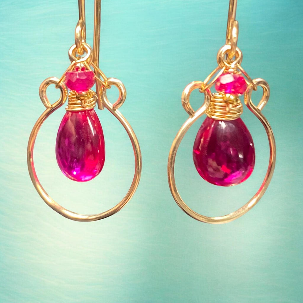 Rubellite Quartz and Ruby Gemstone Hoop Earrings Gold Fill - Doolittle