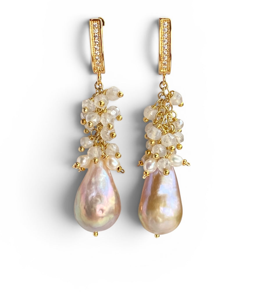 Baroque Flameball Gold Silver Metallic Pearl Earrings with Mystic Crystal Clusters Gold Fill