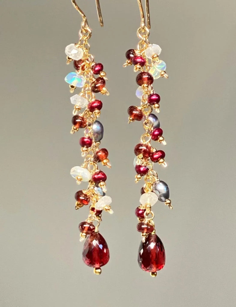 Red Garnet Cranberry Pearl and Opal Long Dangle Earring, Gold