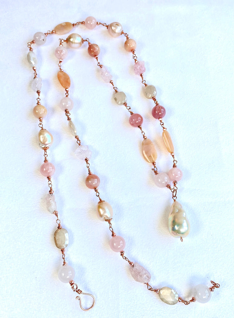 Pink Blush Pearl and Gemstone Long Pendant Necklace Rose Gold Fill Wire Wrap